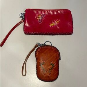 Red and Brown Leather Wristlet Set with Insect Design
